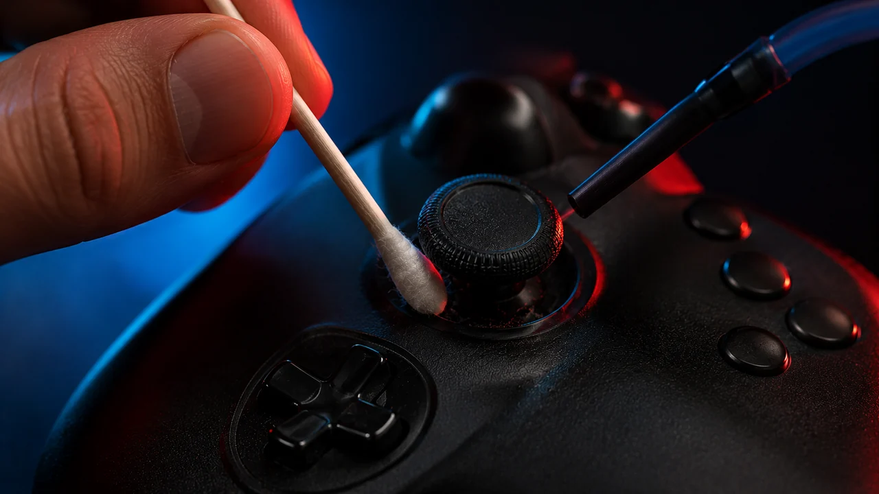 A cotton swab and a compressed-air nozzle cleaning debris from the base of a controller's analog stick