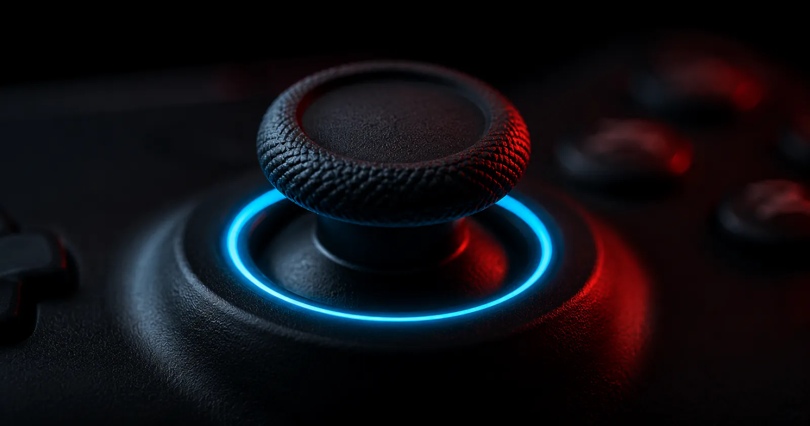 Macro close-up of an analog thumbstick with a blue light ring glowing around its base, marking the deadzone boundary