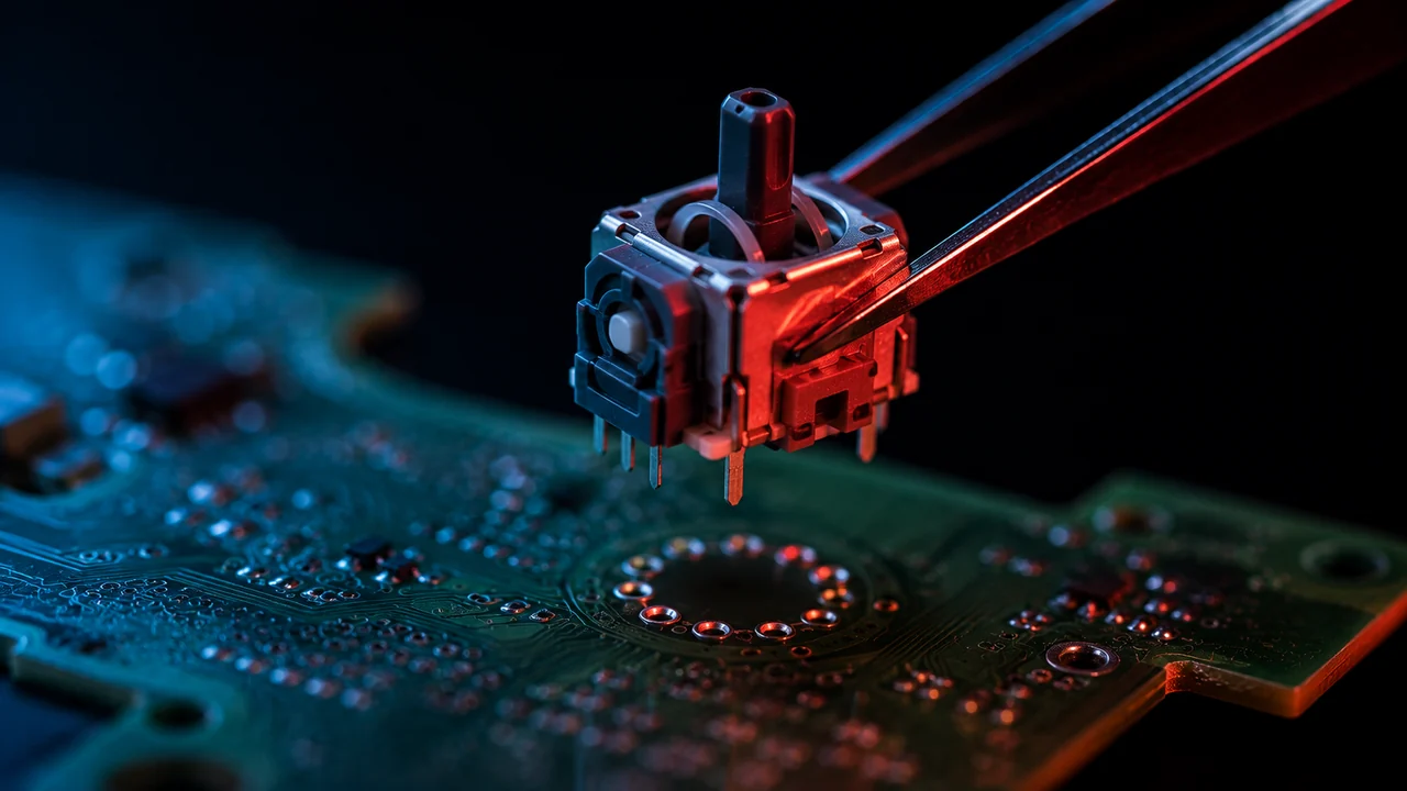 A replacement analog stick module held in tweezers directly above its empty solder footprint on a controller circuit board