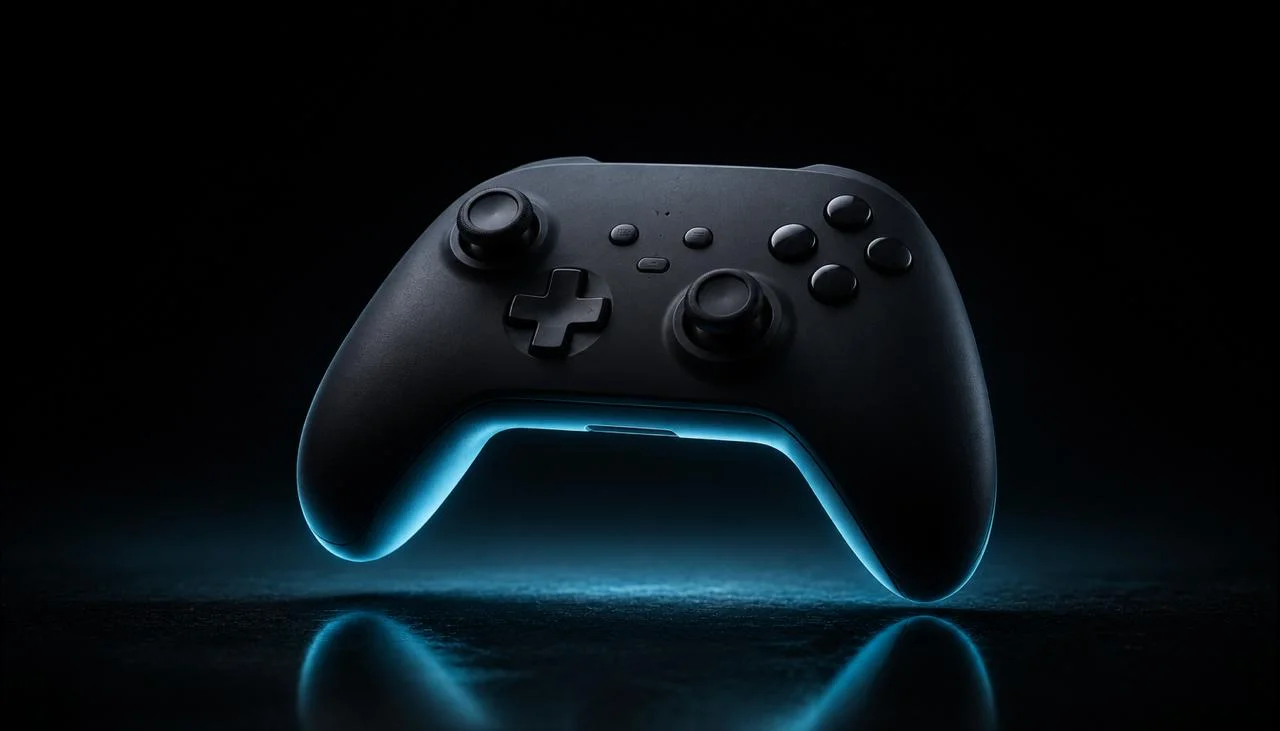 Nintendo Switch Pro Controller floating against a cyan glow with its sync button highlighted for Bluetooth pairing