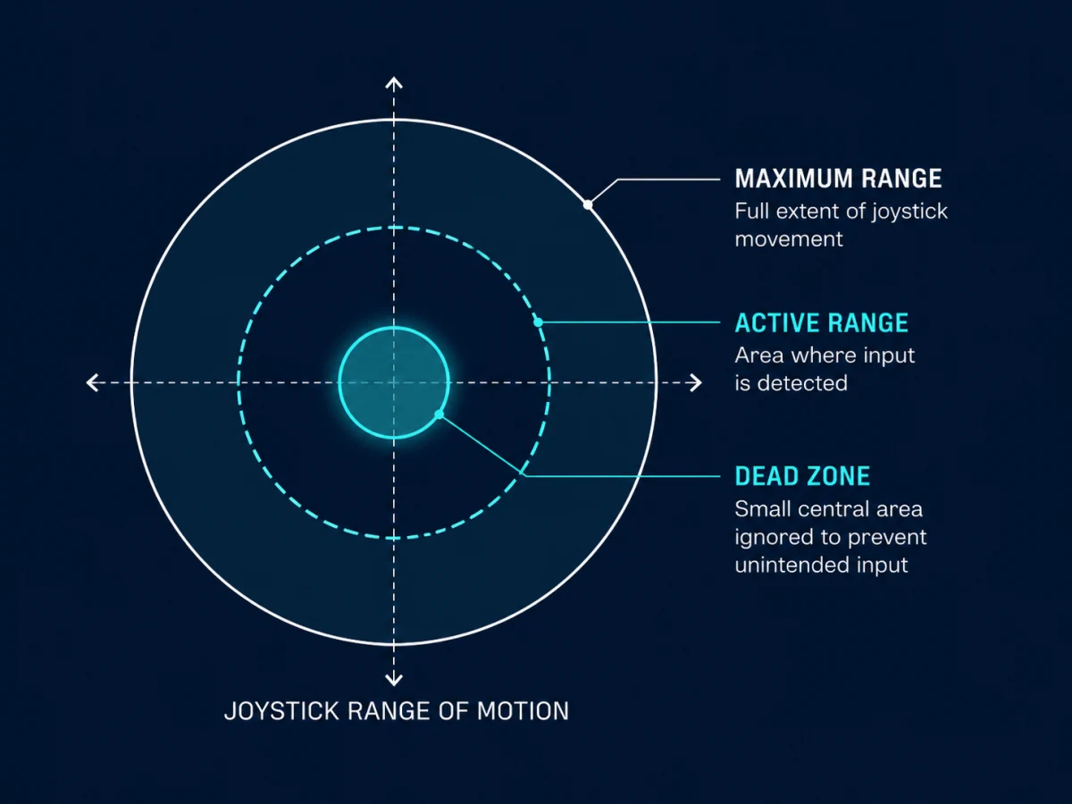 Diagram of a joystick's range of motion showing the maximum range, the active range where input is detected, and the small central dead zone that is ignored