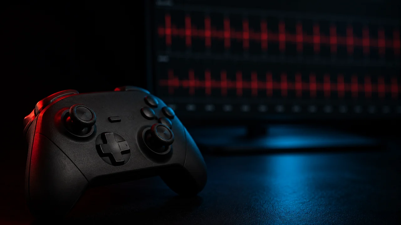 A game controller on a dark desk in front of a monitor showing a repeating red rumble waveform during a vibration test