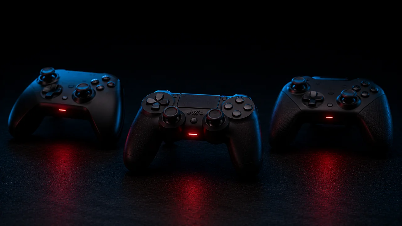 Three game controllers on a dark desk, each showing a small red connection indicator light