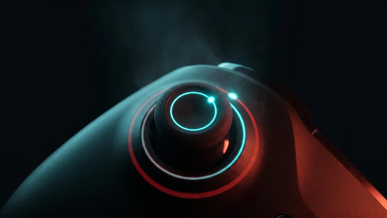 A close-up render of a controller thumbstick ringed by a glowing cyan circle marking its neutral zone, against a dark background