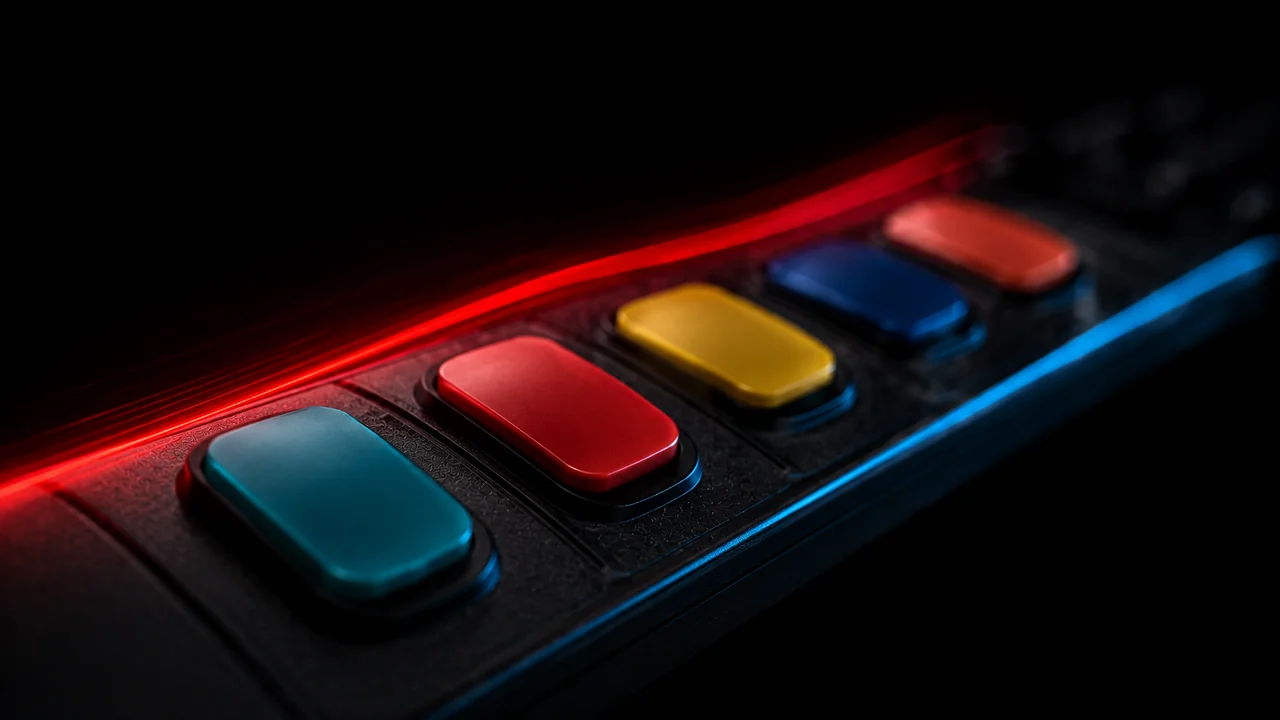 Macro view of the five coloured fret buttons on a guitar controller neck, traced by a red light streak
