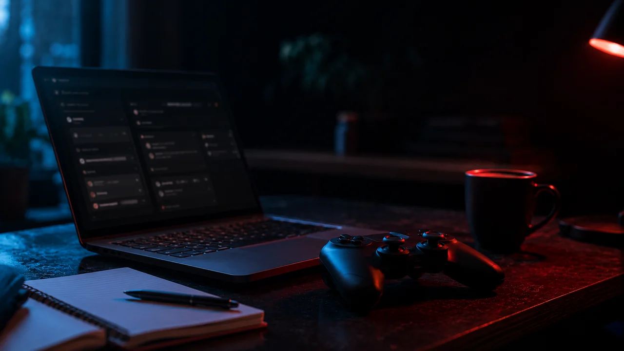 A dimly lit desk with a laptop running a dark diagnostics interface, a notebook and pen, a game controller and a mug