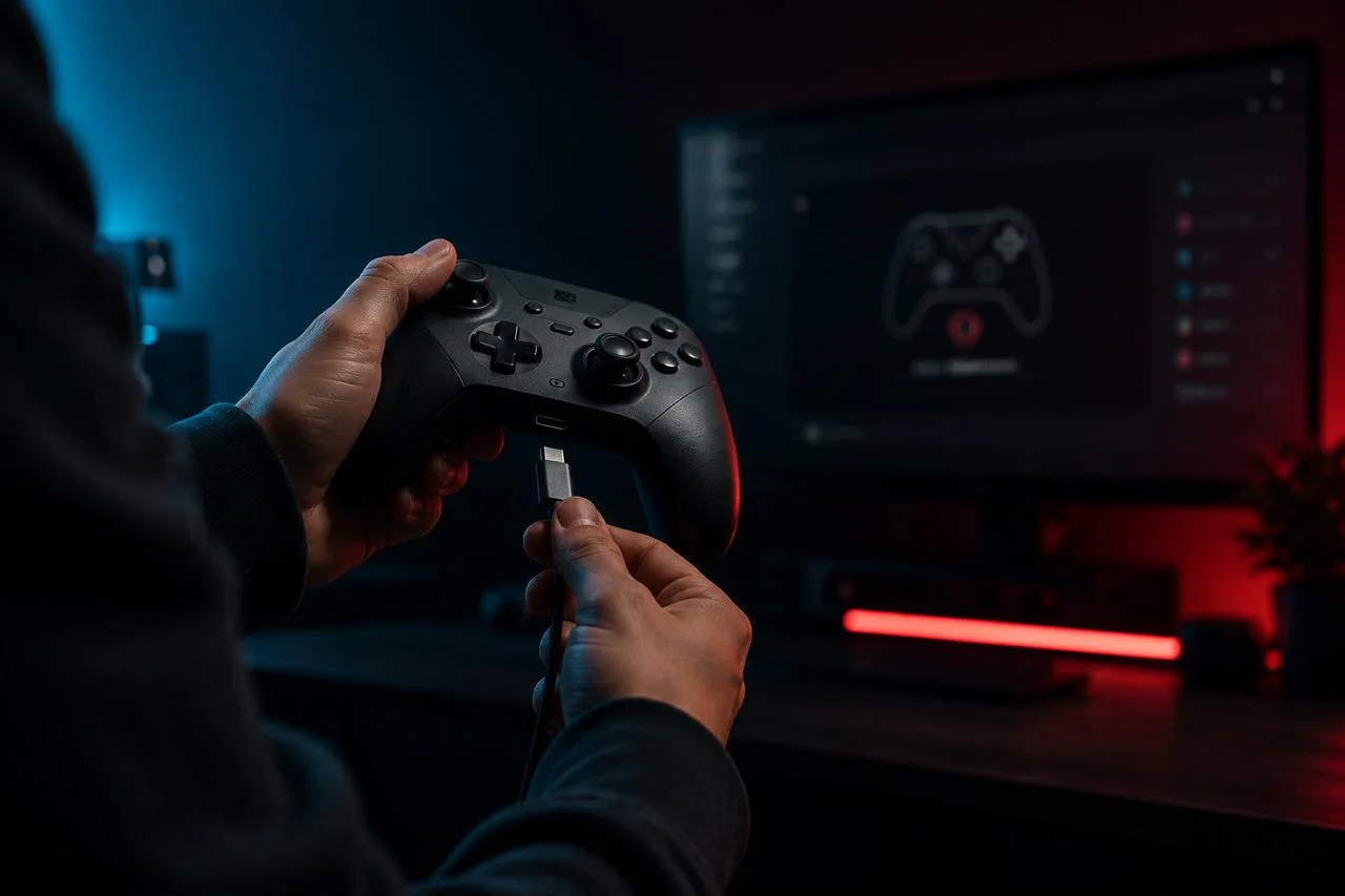 Hands plugging a USB-C cable into a controller with JoyCheck gamepad tester visible on monitor, Switch Pro pairing guide