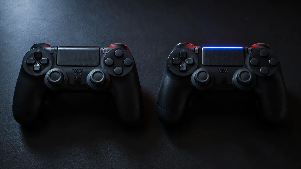 Two black DualShock 4 controllers side by side on a dark surface, the right one showing its light bar glowing blue through the top of the touchpad