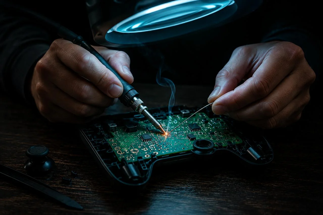 Hands soldering a joint on an opened game controller's circuit board under a magnifier lamp