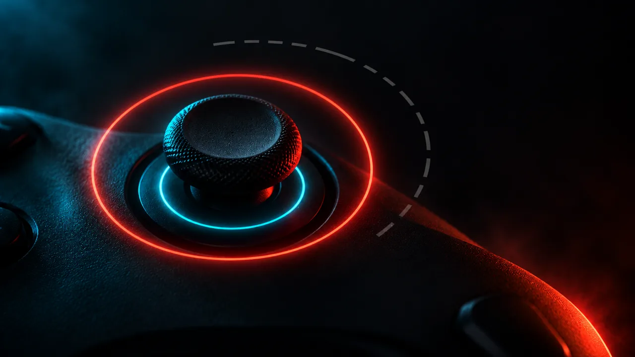 Analog thumbstick ringed by a tight cyan inner circle and a wider red outer circle, with a broken grey dashed arc sitting off-centre outside both